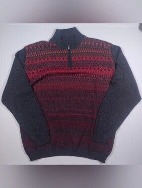 Tumi Mens 100% Baby Alpaca Charcoal Red Fair Isle Quarter Zip Sweater Size XL